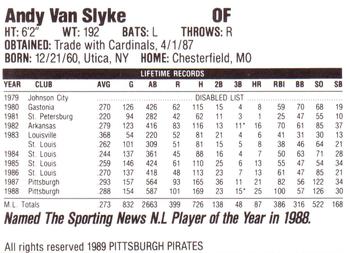 1989 Veryfine Pittsburgh Pirates #NNO Andy Van Slyke Back