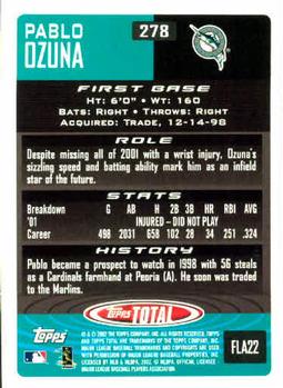 2002 Topps Total #278 Pablo Ozuna Back