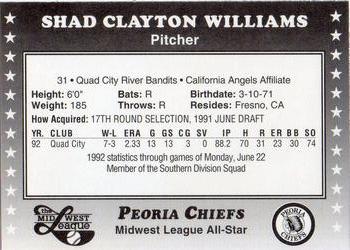 1992 Midwest League All-Stars #NNO Shad Williams Back