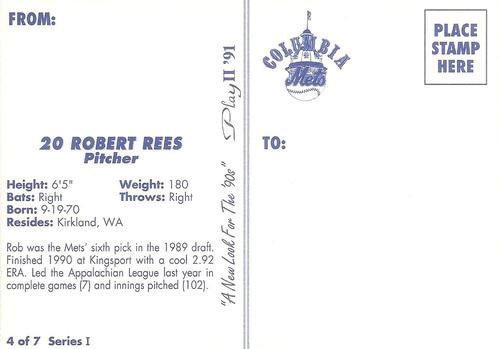 1991 Play II Columbia Mets Postcards #4 Rob Rees Back