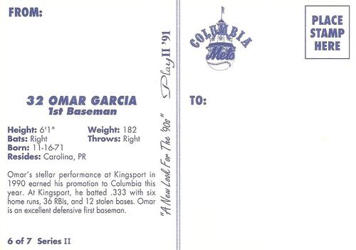 1991 Play II Columbia Mets Postcards #13 Omar Garcia Back