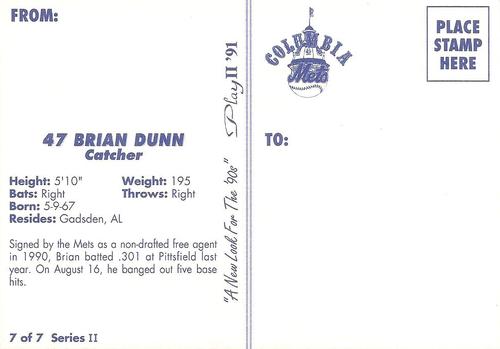 1991 Play II Columbia Mets Postcards #14 Brian Dunn Back