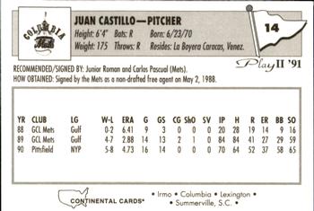 1991 Play II Columbia Mets #14 Juan Castillo Back