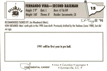 1991 Play II Columbia Mets #15 Fernando Vina Back