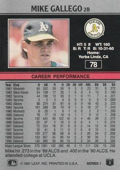 1991 Leaf #78 Mike Gallego Back
