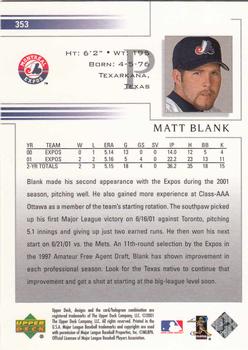 2002 Upper Deck #353 Matt Blank Back