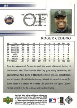 2002 Upper Deck #694 Roger Cedeno Back