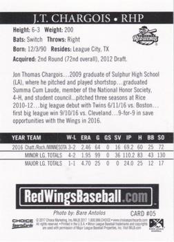 2017 Choice Rochester Red Wings #5 J.T. Chargois Back