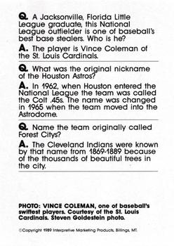 1990 Interpretive Marketing Baseball Wit - Unnumbered #NNO Vince Coleman Back