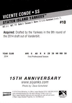 2014 Choice Staten Island Yankees #10 Vicente Conde Back