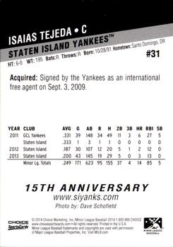 2014 Choice Staten Island Yankees #31 Isaias Tejeda Back