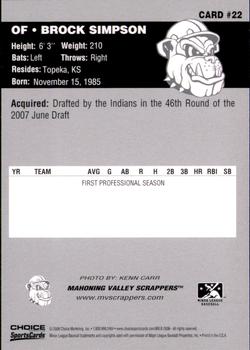 2008 Choice Mahoning Valley Scrappers #22 Brock Simpson Back