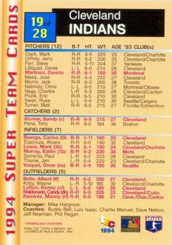 1994 Stadium Club - Super Teams Members Only #19 Cleveland Indians  Back