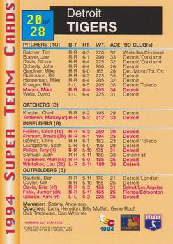1994 Stadium Club - Super Teams Members Only #20 Detroit Tigers  Back