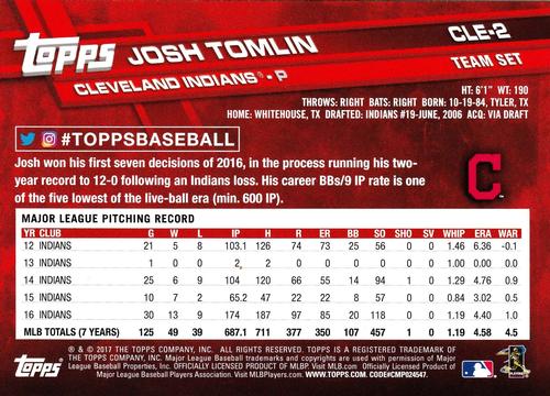 2017 Topps Cleveland Indians 5x7 #CLE-2 Josh Tomlin Back