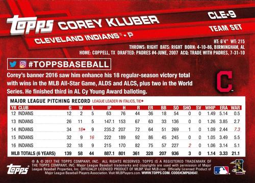 2017 Topps Cleveland Indians 5x7 #CLE-9 Corey Kluber Back