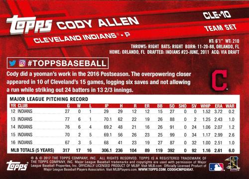 2017 Topps Cleveland Indians 5x7 #CLE-10 Cody Allen Back