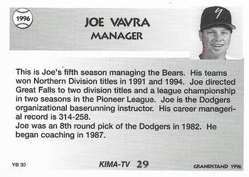 1996 Grandstand Yakima Bears #YB30 Joe Vavra Back