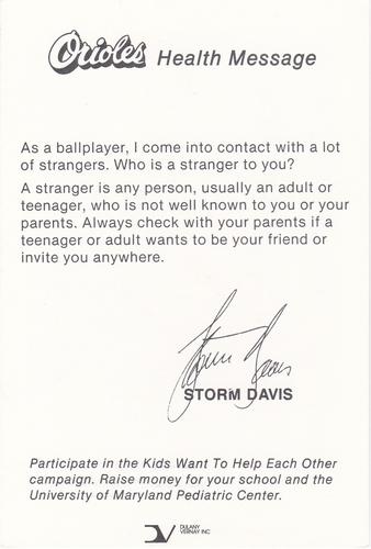 1985 Baltimore Orioles Health Message SGA #NNO Storm Davis Back
