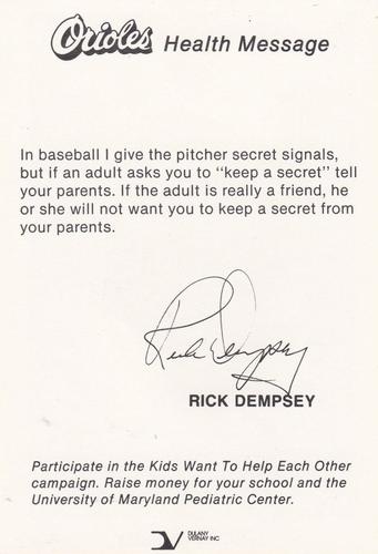 1985 Baltimore Orioles Health Message SGA #NNO Rick Dempsey Back