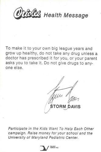 1985 Baltimore Orioles Health Message SGA #NNO Storm Davis Back
