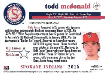 2016 Grandstand Spokane Indians #20 Todd McDonald Back