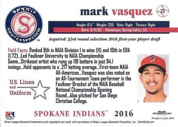 2016 Grandstand Spokane Indians #23 Mark Vasquez Back