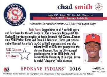 2016 Grandstand Spokane Indians #24 Chad Smith Back