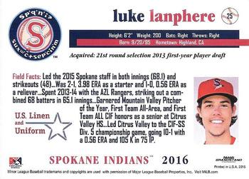 2016 Grandstand Spokane Indians #25 Luke Lanphere Back
