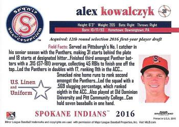 2016 Grandstand Spokane Indians #38 Alex Kowalczyk Back