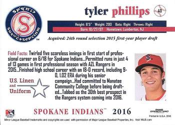 2016 Grandstand Spokane Indians #40 Tyler Phillips Back