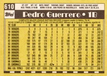 1990 O-Pee-Chee - White Back (Test Stock) #610 Pedro Guerrero Back