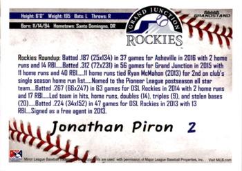 2016 Grandstand Grand Junction Rockies #NNO Jonathan Piron Back