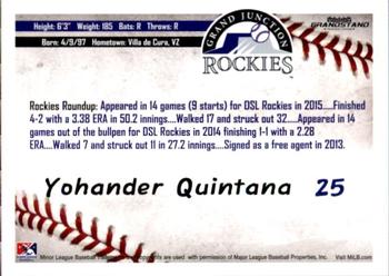 2016 Grandstand Grand Junction Rockies #NNO Yohander Quintana Back