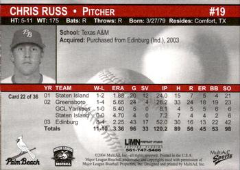2004 MultiAd Palm Beach Cardinals #22 Chris Russ Back