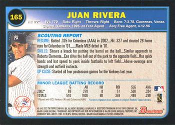 2003 Bowman #165 Juan Rivera Back