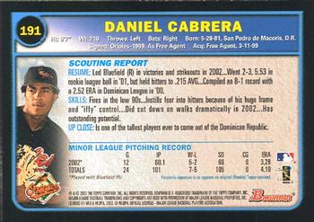 2003 Bowman #191 Daniel Cabrera Back