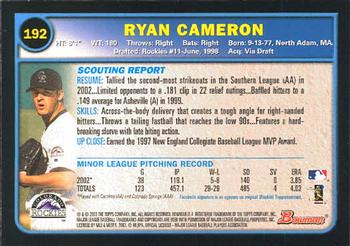 2003 Bowman #192 Ryan Cameron Back
