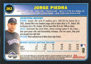 2003 Bowman #282 Jorge Piedra Back