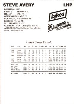1993 Lykes Atlanta Braves #NNO Steve Avery Back