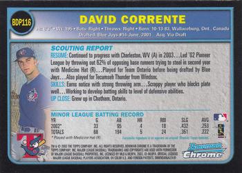 2003 Bowman Draft Picks & Prospects - Chrome #BDP116 David Corrente Back