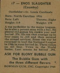1948 Bowman #17 Enos Slaughter Back