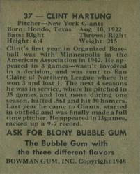 1948 Bowman #37 Clint Hartung Back