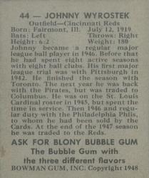 1948 Bowman #44 Johnny Wyrostek Back
