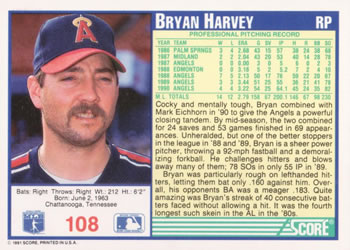 1991 Score #108 Bryan Harvey Back
