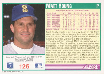 1991 Score #126 Matt Young Back
