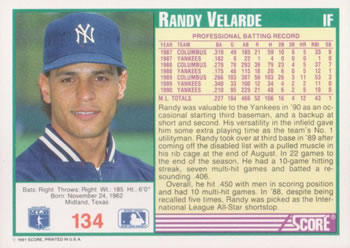 1991 Score #134 Randy Velarde Back