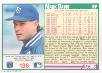 1991 Score #136 Mark Davis Back
