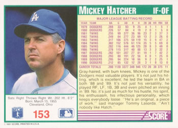 1991 Score #153 Mickey Hatcher Back