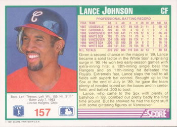 1991 Score #157 Lance Johnson Back